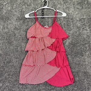 Kirra Tank Top Womens Medium Pink Striped Asymmetrical Ruffle Scoop Neck Tiered